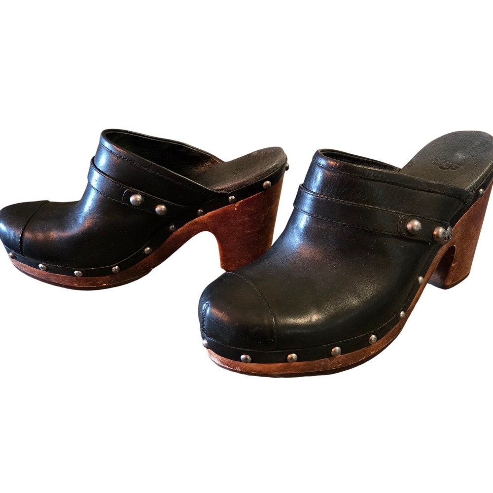 UGG Leather Clogs Black Wooden Heel Studded Mule Shoes Size 9 Boho Chic